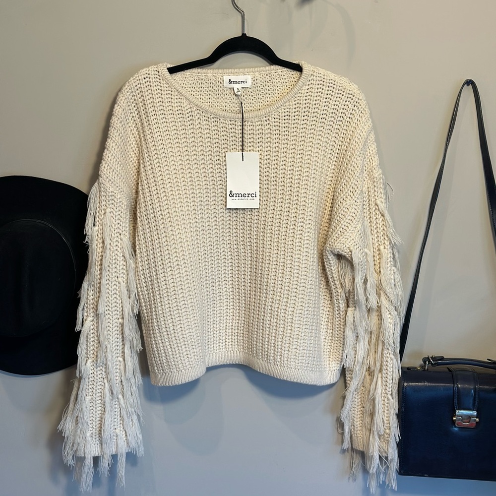 &merci Off-White Fringe Sleeve Sweater